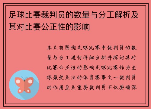 足球比赛裁判员的数量与分工解析及其对比赛公正性的影响