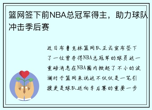 篮网签下前NBA总冠军得主，助力球队冲击季后赛