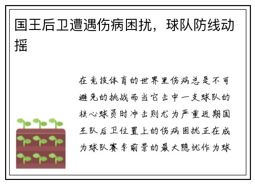 国王后卫遭遇伤病困扰，球队防线动摇