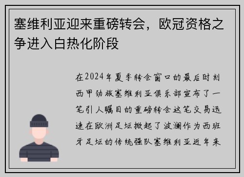 塞维利亚迎来重磅转会，欧冠资格之争进入白热化阶段