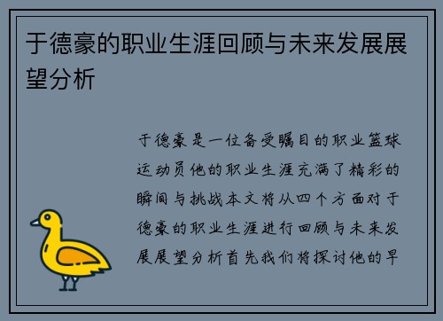 于德豪的职业生涯回顾与未来发展展望分析