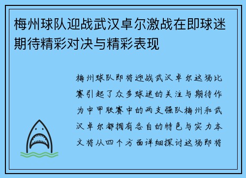 梅州球队迎战武汉卓尔激战在即球迷期待精彩对决与精彩表现