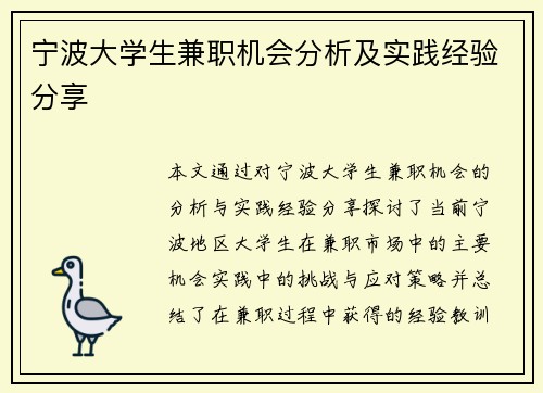 宁波大学生兼职机会分析及实践经验分享