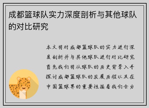 成都篮球队实力深度剖析与其他球队的对比研究